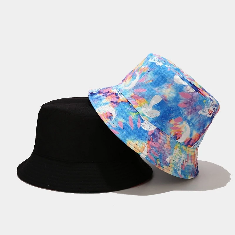 Tie Dye Mushroom Moon Print Bucket Hat Casual Reversible Sunshade Cap for Women