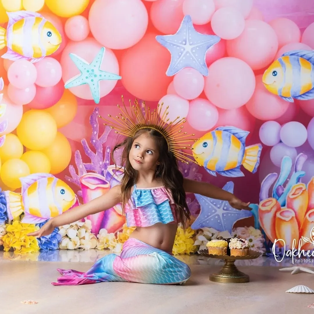 

Underwater World Fish Background Undersea Cute Fish Mermaid Starfish Coral Balloon Birthday Party Photography Backdrop Decor