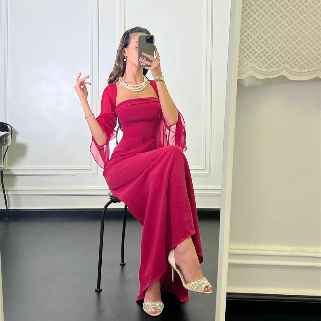 Rose Red Square Neck Long Sleeves Chiffon Evening Dresses Sheath Strapless Floor Length Robes de Soirée for Women فساتين السهرة