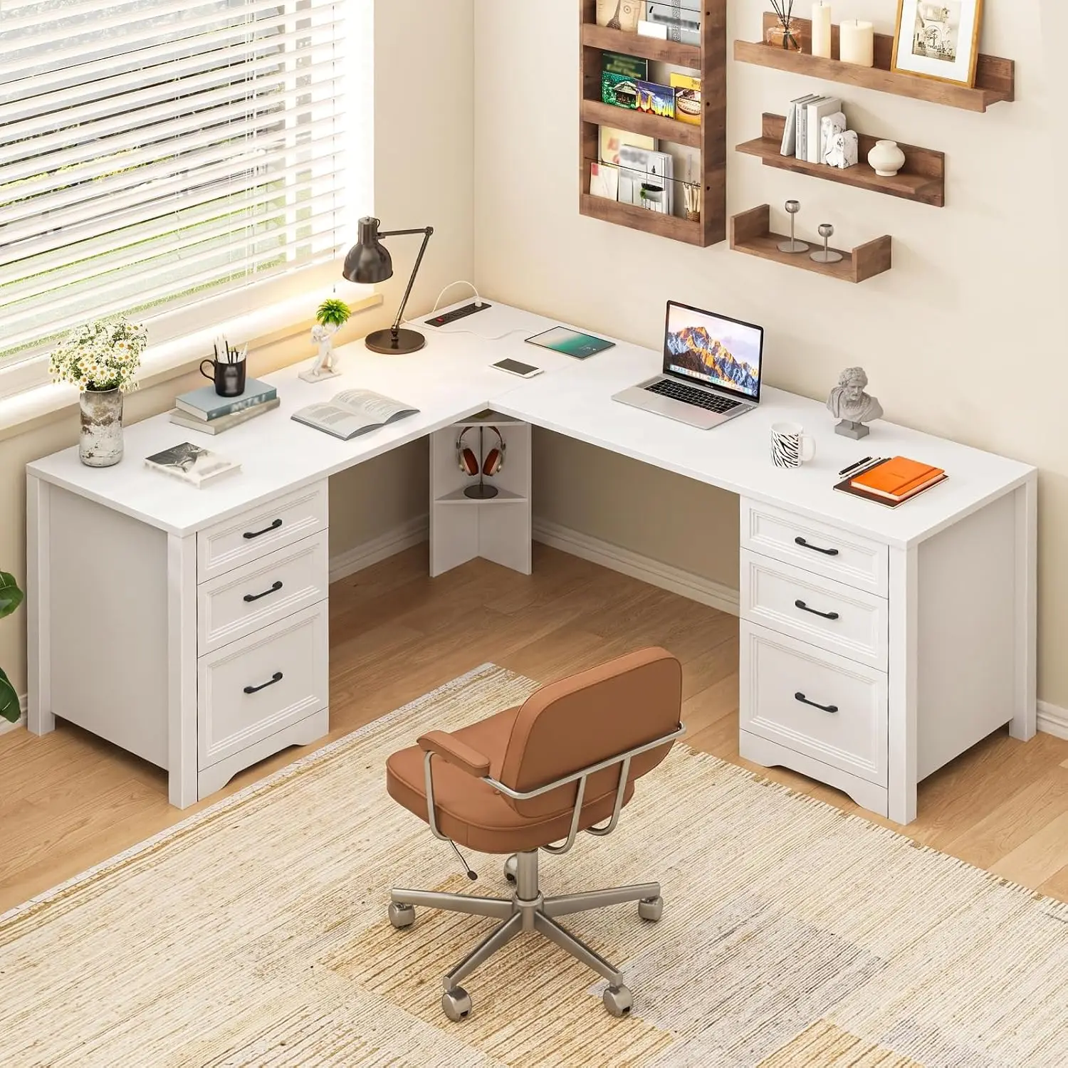 Farmhouse L-Shaped Executive Desk with 6 Drawers Power Outlets Storage Shelf File Cabinet Corner Computer Desk White, Customized