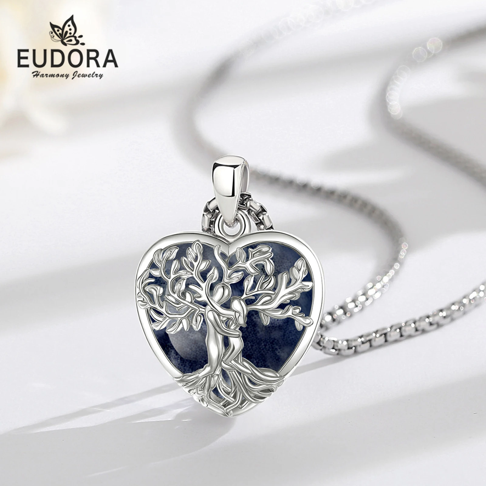 Eudora Tree of Life Hug Necklace Blue Veined Jade Healing Crystal Stone Love Pendant Yggdrasil Jewelry Spiritual Gift for Women
