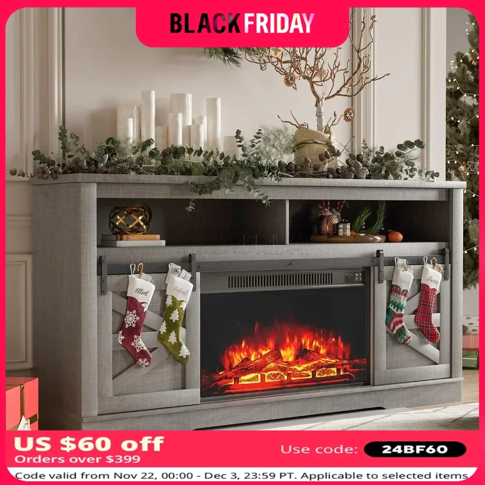 TV Stand for Television Up To 65+ Inch with Storage and Farmhouse Sliding Barn Doors, Cabinet and Shelves, Fireplace TV Console