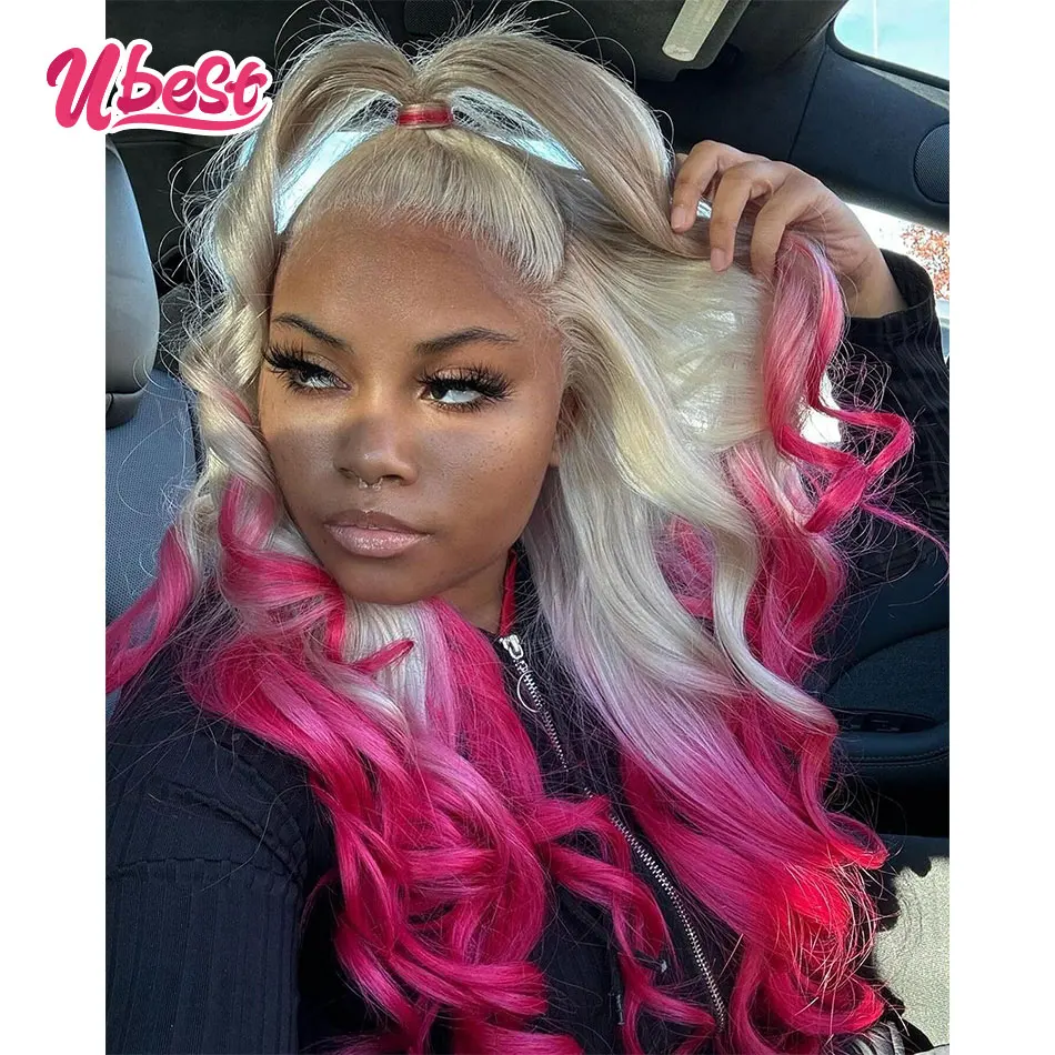 Ombre 613 Pink Colored 13X6 Body Wave Transparent Lace Front Wigs 100% Human Hair 180% Density Brazilian Hair Remy Hair Wigs