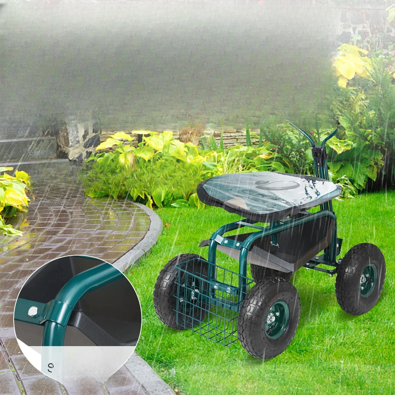 Garden Cart Rolling Workseat with Wheels Gardening Stool for Planting 360Degree Swivel Seat Wagon Scooter with Steering