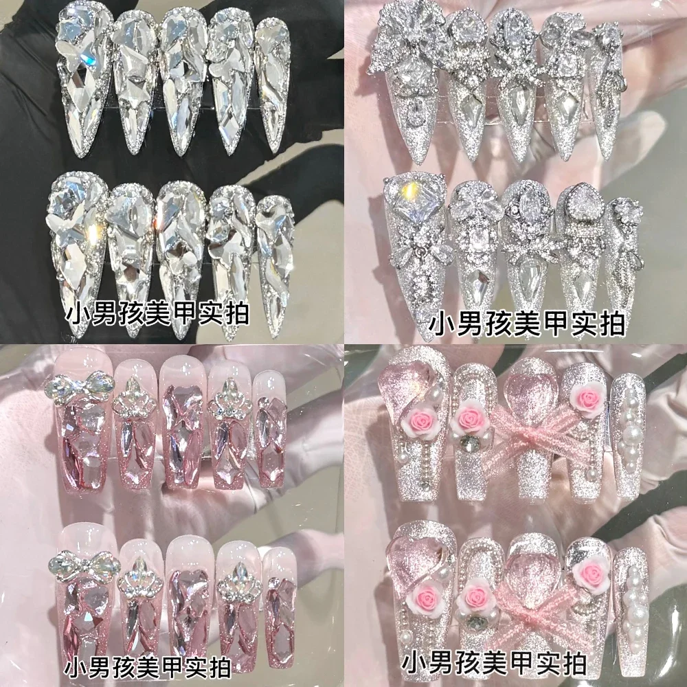 

10Pcs Handwork Coffin Metal Nail Art 3D Glittering Rhinestone Press On Nails Rose Decoration Bow Detachable Full Cover Nails