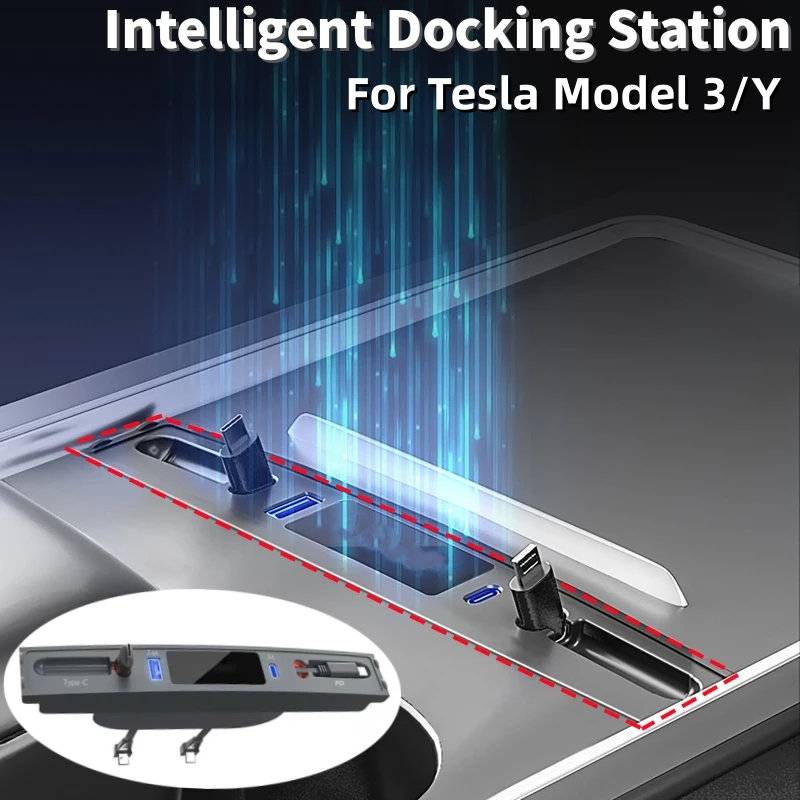 

27W Car Center Console Smart Sensor 4 Ports Docking Station Quick Charger USB Shunt HubFor Tesla Model 3/Y