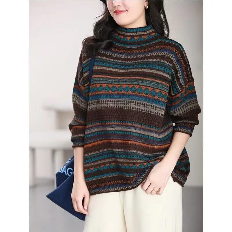 

Осень и зима, новый женский хлопковый свитер, пуловеры с высоким воротником, винтажный полосатый свободный модный вязаный топ, повседневная одежда