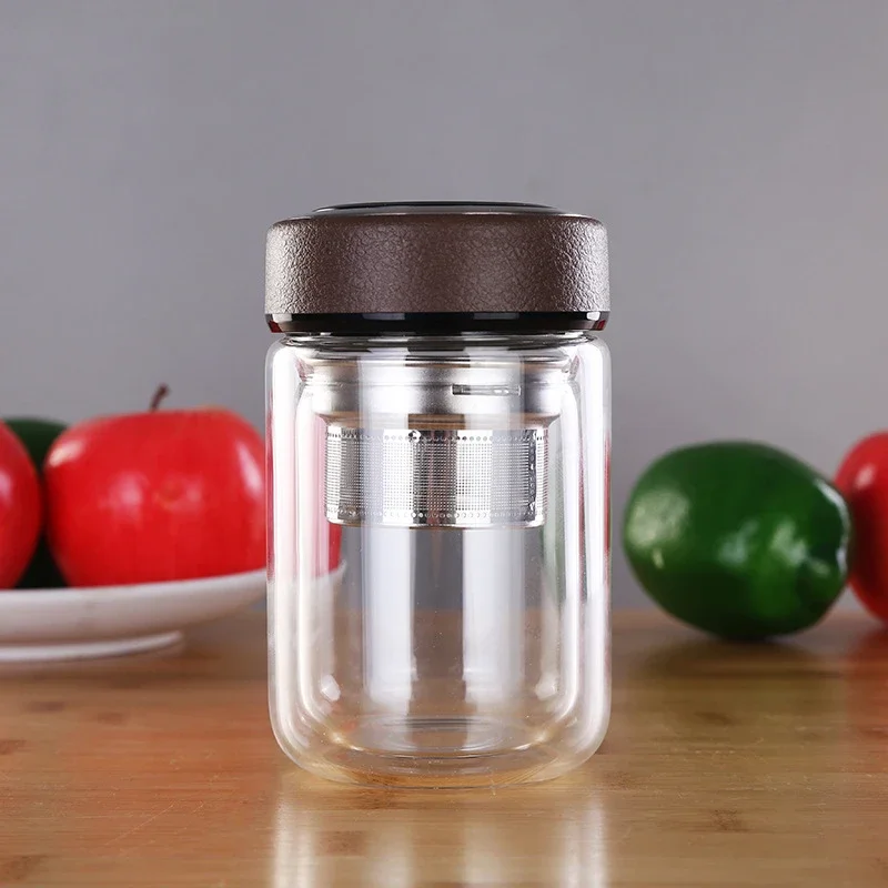 250ML Double Wall Glass Water Tea Bottle With Stainless Steel Infuser Filter Strainer Portable Travel Drinking Cup
