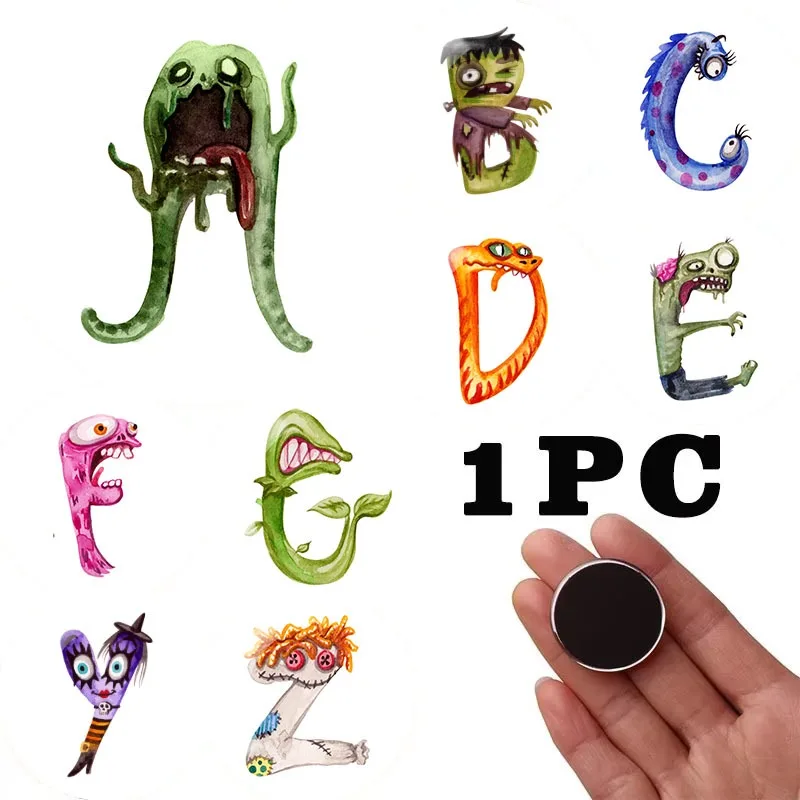 1PC 30MM Halloween Monster Style A-Z Letters Dome Glass Circular Refrigerator Sticker A-Z Letters Home Decoration Party Gift