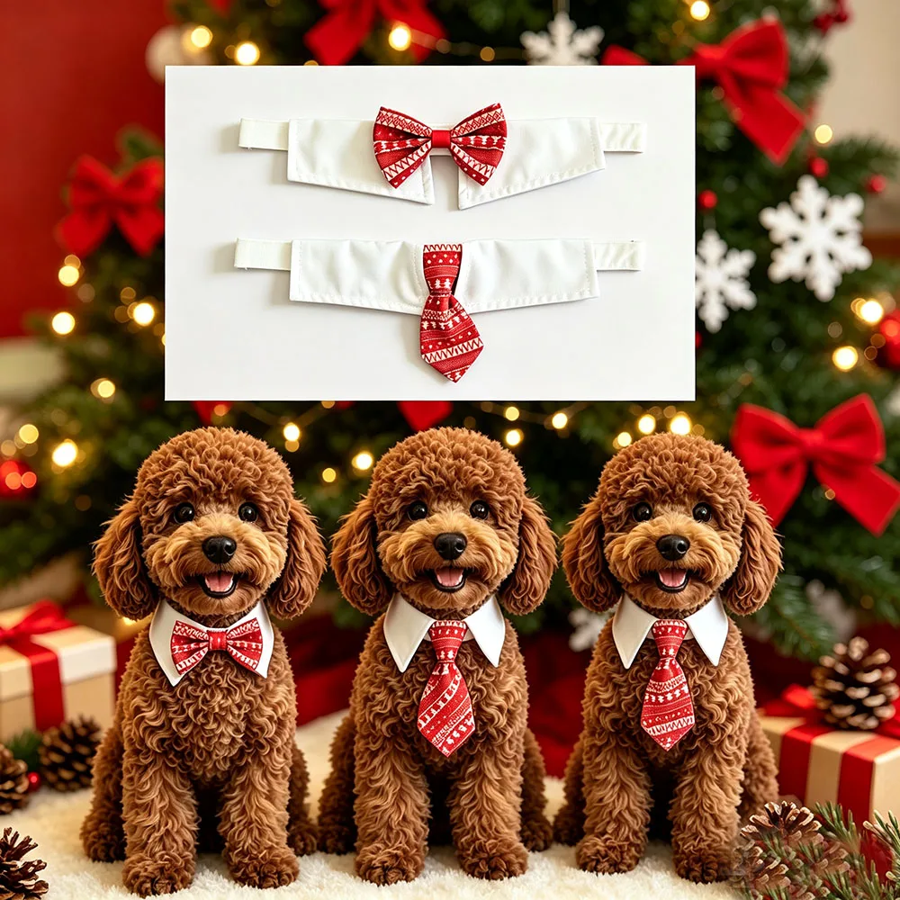 Christmas Pet Tuxedo Collar, White Shirt Style Fake Collar with Red Xmas Bow Tie & Necktie, Adjustable Soft Fabric Costume