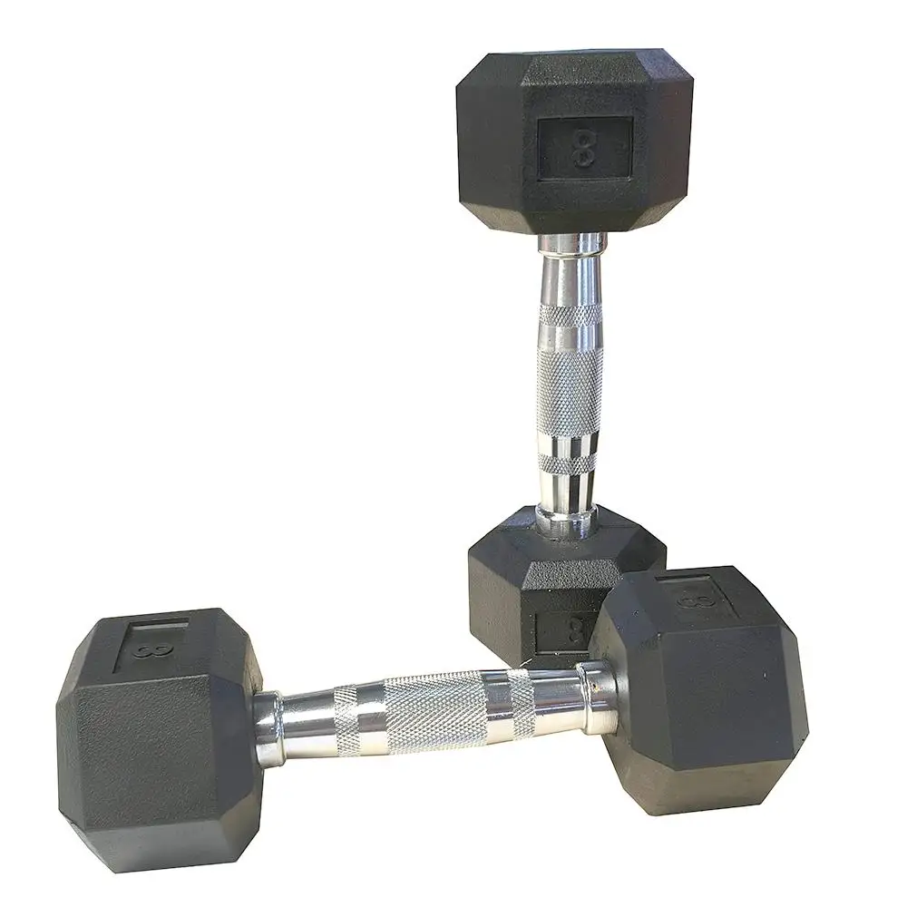 8LB Rubber Coated Solid Cast Iron Dumbbells Set - 2 Pieces with Chrome Handle, Hexagon Design for Comfort