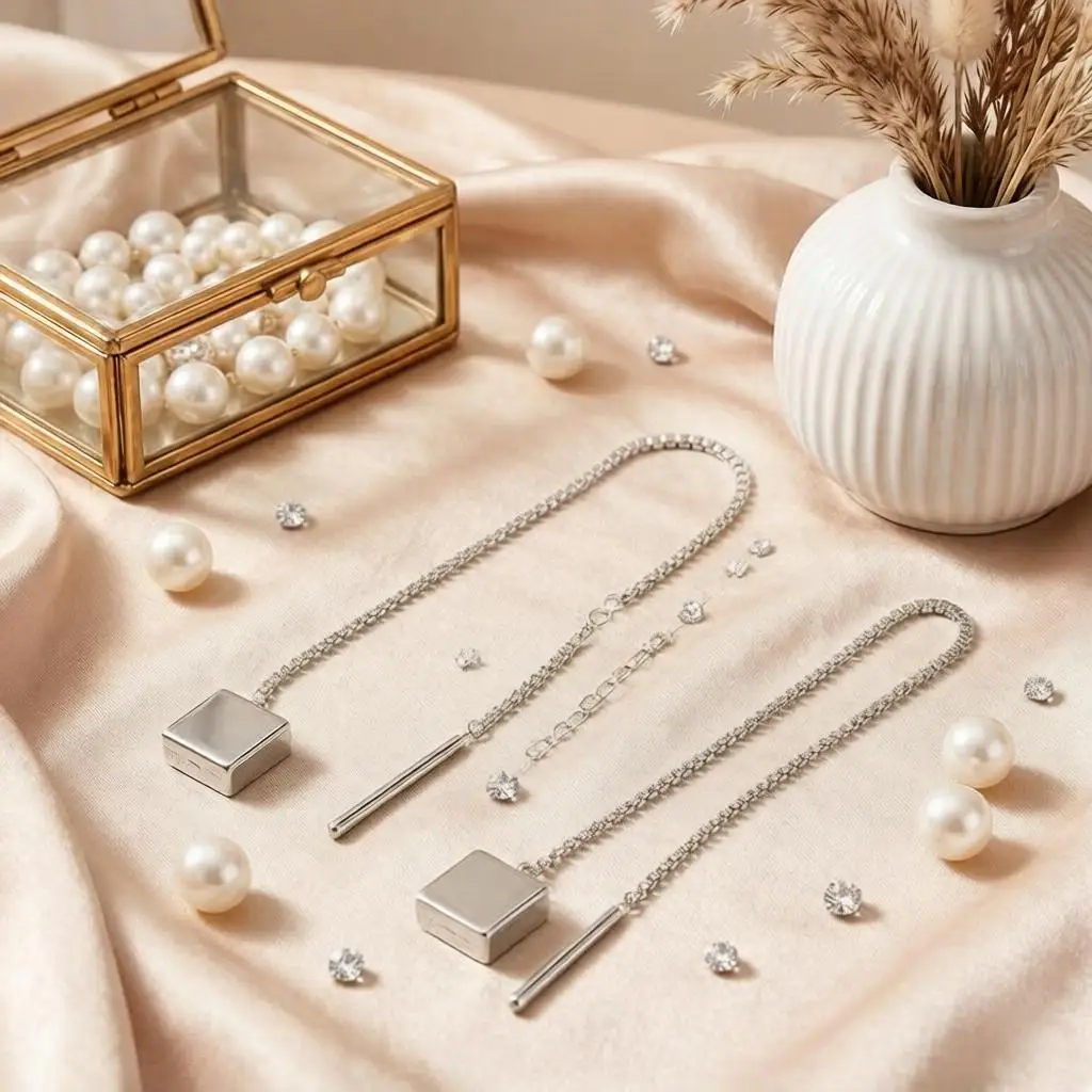 Simple 925 Sterling Silver Geometric Block Long Ear Line Drop Earrings for Women Girls Anniversary Party Fashion Jewelry Gifts