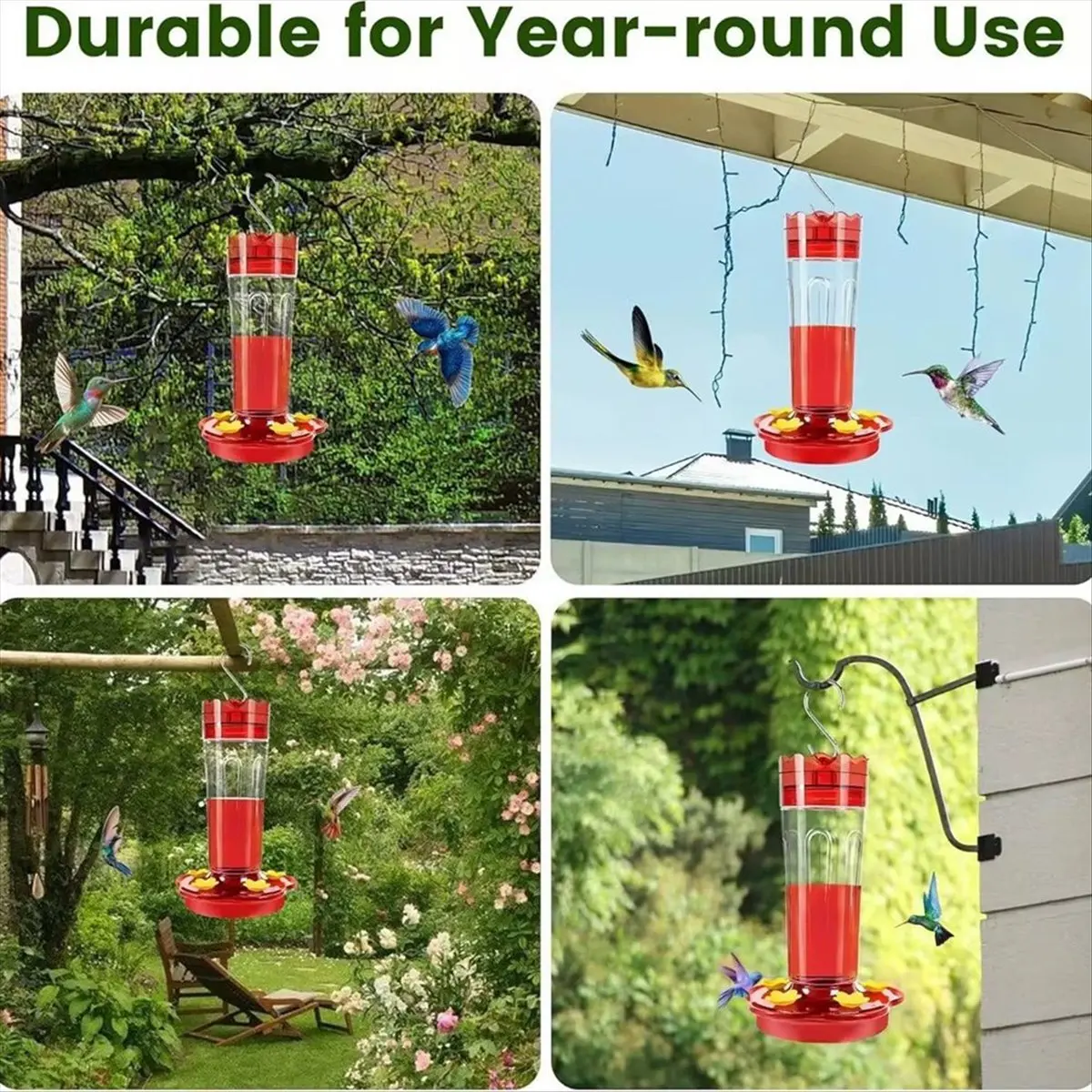 Comederos de colibríes de plástico AA83 para exteriores, comedero de colibrí rojo de 15 onzas con 5 puertos de alimentación, decoración exterior para jardín