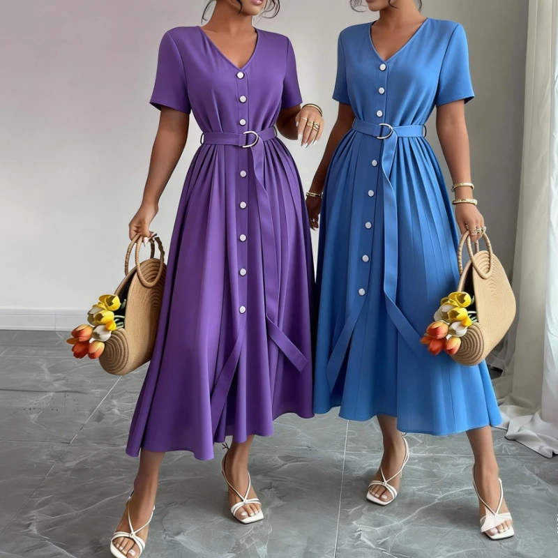 Damen Lila V-Ausschnitt Kurzarm-Kleid mit Knopfleiste, Geraffter Taille und Fließendem Midi-Schnitt für Freizeit, Sommer, Strand, Urlaub und Partys