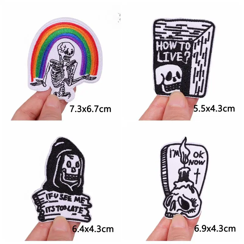 Prajna 10PCS Grave Ghost Embroidery Patch On Clothes Thermoadhesive Patches Punk Knife Iron On Patches For Clothing Skeleton DIY