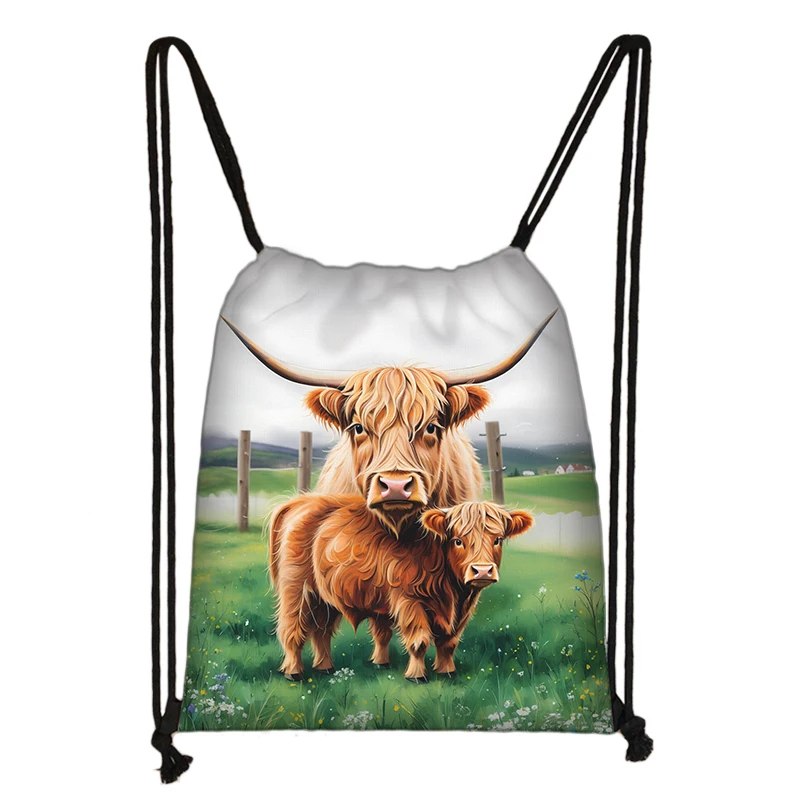 Scottish Highland Cows Print Drawstring Bags Cute Highland Cow Sunflower Backpack Shoulder Bag for Travel Shoes Holder Gift