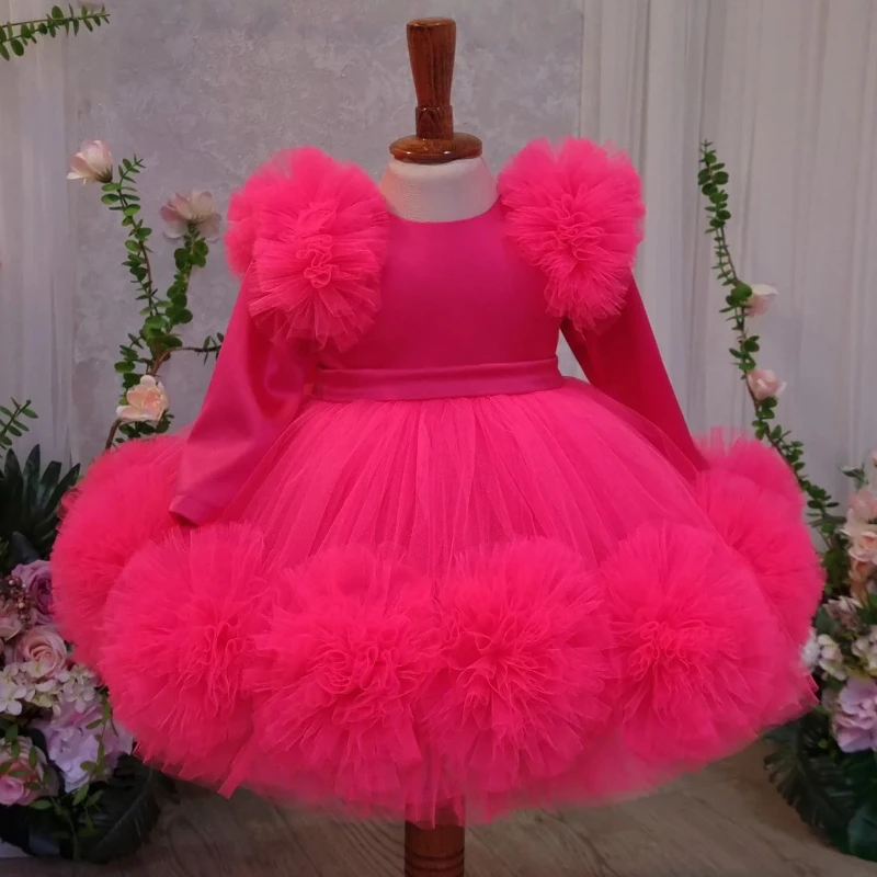 

2026 New Rose Red Princess Tulle Dress Girls Kids Baby First Birthday Gown Formal Party Celebration Evening Children Costume