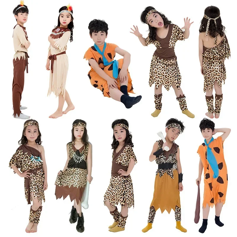 2025 Indians Outfit Primitive People Wild Man Halloween Costumes For Boy Gilr Kids Family Clothing Performance Show Fancy Party
