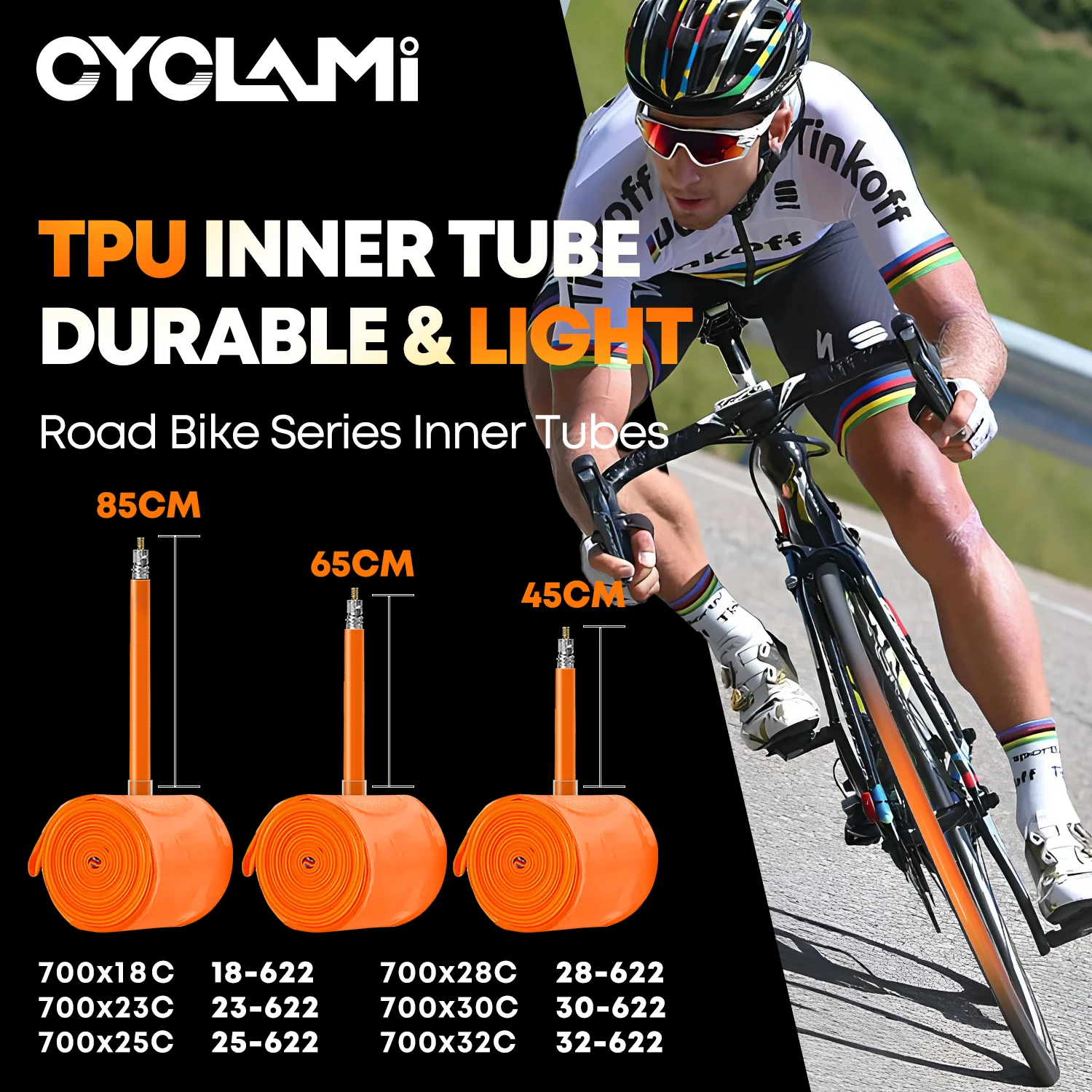 CYCLAMI Bicycle Inner Tube Lightweight French 45 65 85 Presta Valve Orange TPU Road Bike Tire 700C 700 X 18 23 25 28 30 32C