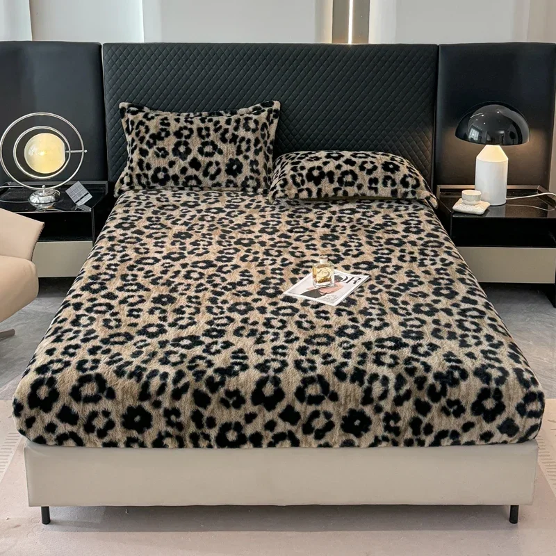 American Retro Leopard Print Faux Rabbit Fur Fitted Sheet Thick Plush Mattress Cover Warm Soft Bed Mattress Protector