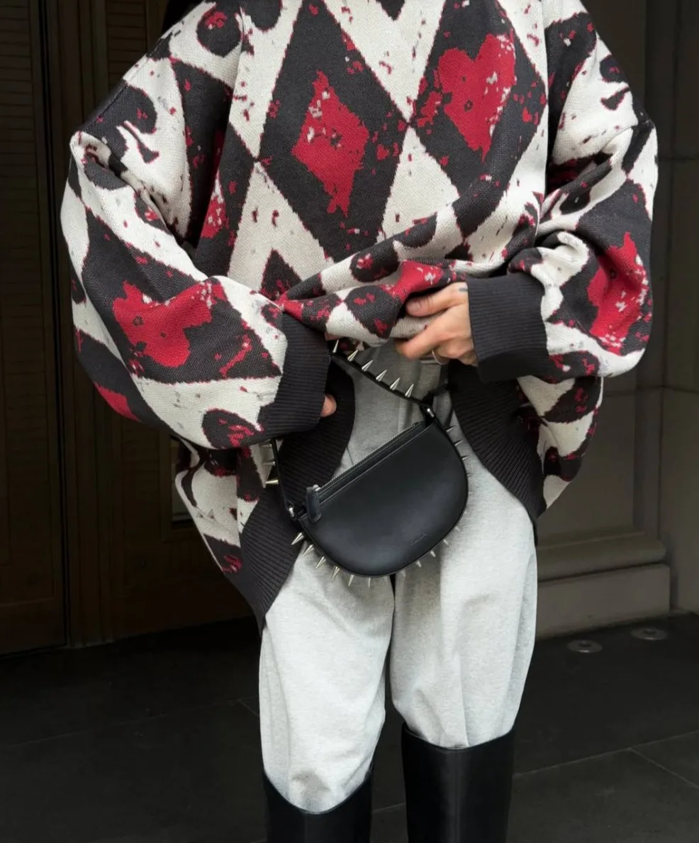 2025 المتناقضة الماس الرجعية المتناقضة Crewneck متماسكة المرأة الخريف/الشتاء فضفاض البلوز تصميم سترة #6