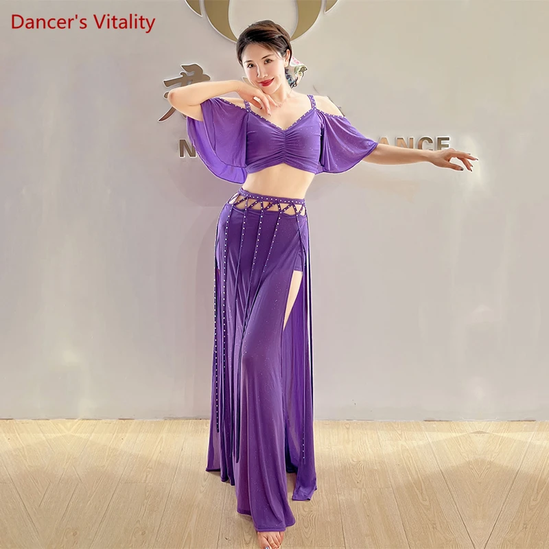 Belly Dance ชุดผ้าฝ้ายครึ่งแขน Horn Top + กระโปรงยาวแยก2Pcs สำหรับสุภาพสตรีเต้นรำประสิทธิภาพชุดหญิง