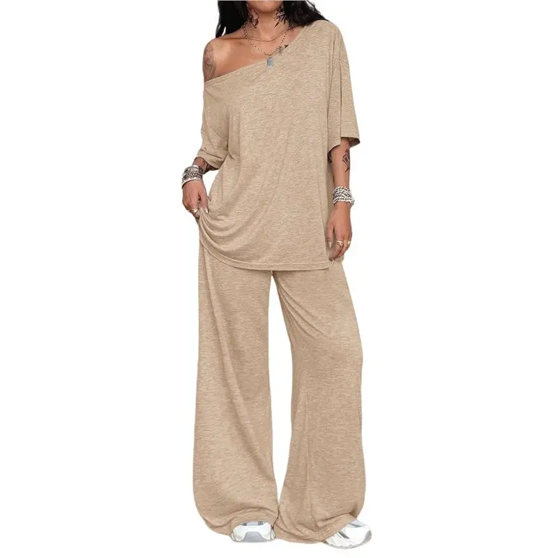 

CYL-Women's 2 Piece Travel Outfits Casual Short Sleeve Knit Sweater Set Wide Leg Pants Lounge Sets