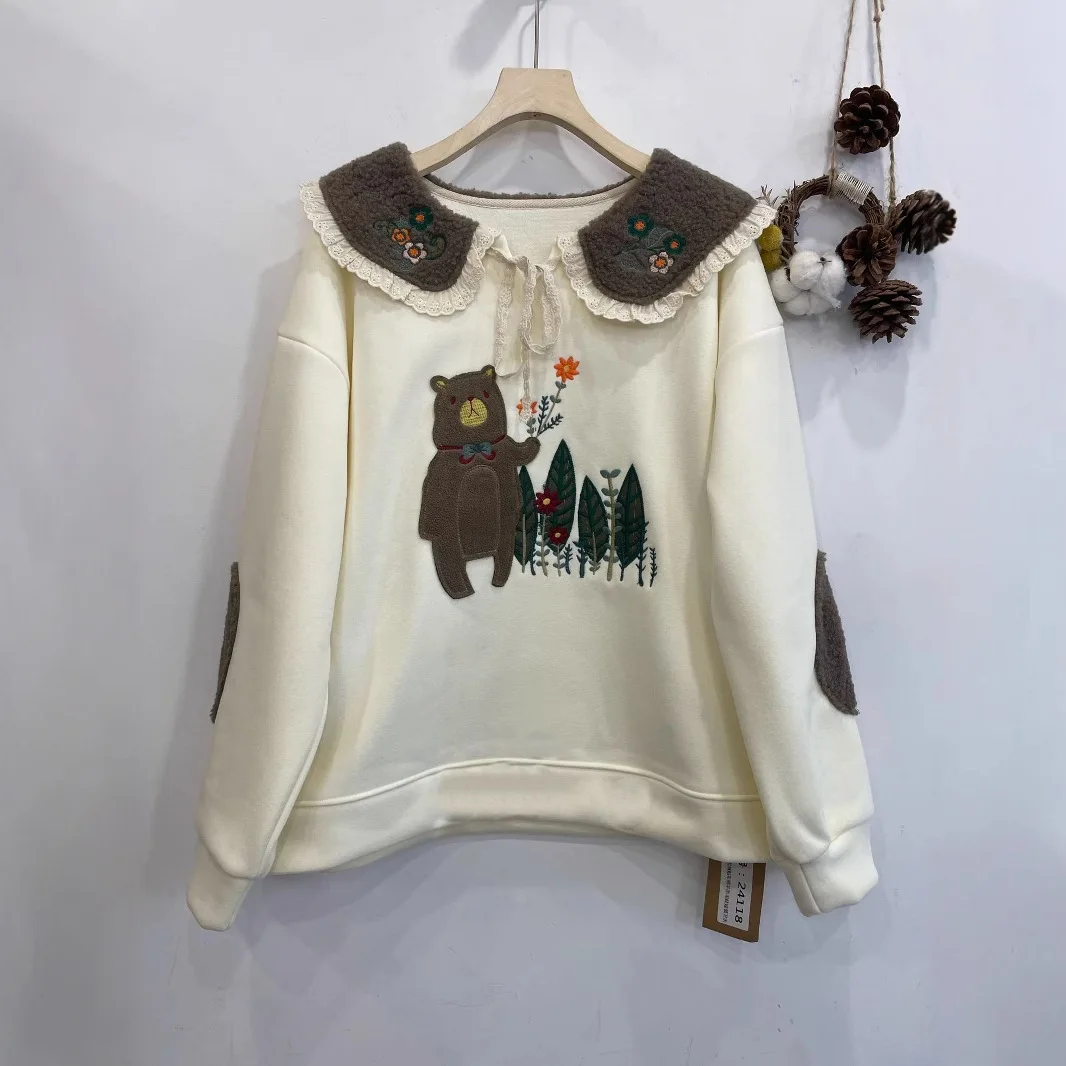 Japanese Mori Girl Cartoon Bear Embroidery Fleece Sweashirts Women Autumn Winter Peter Pan Collar Long Sleeve Casual Pullovers