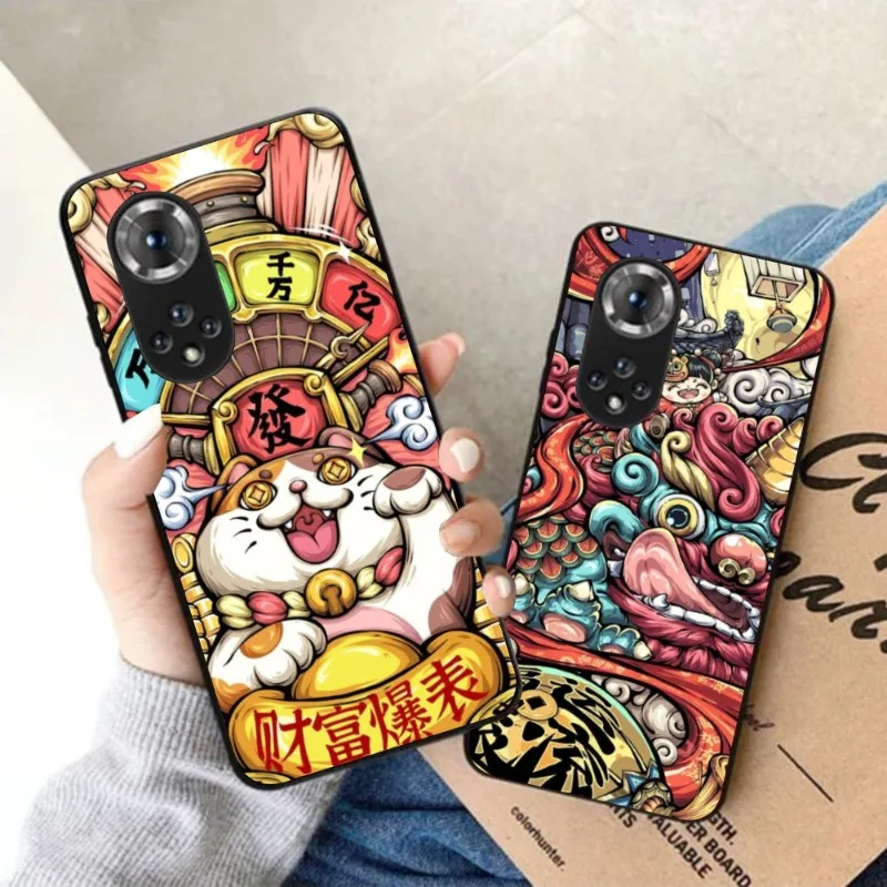 Chinese God of Wealth Cell Phone Case for Honor 90 70 50 20 7S X9 X8 X7 Magic 4 3 Pro Black Soft Phone Cover Funda