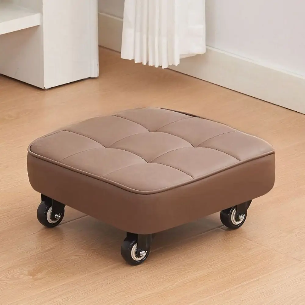 Upholstered Swivel Caster Stool Rounded Edges Stitched Rolling Stool Square Shape 360° Low Sliding Bench Entryway Lazy Rest