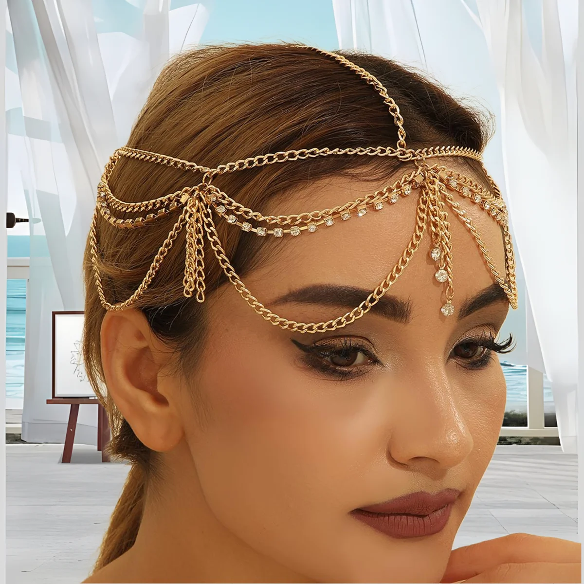 Tocado de novia para boda, cadena de diamantes de imitación dorada a la moda, cadena para la cabeza con borlas, joyería para el cabello para mujer, accesorios de fiesta