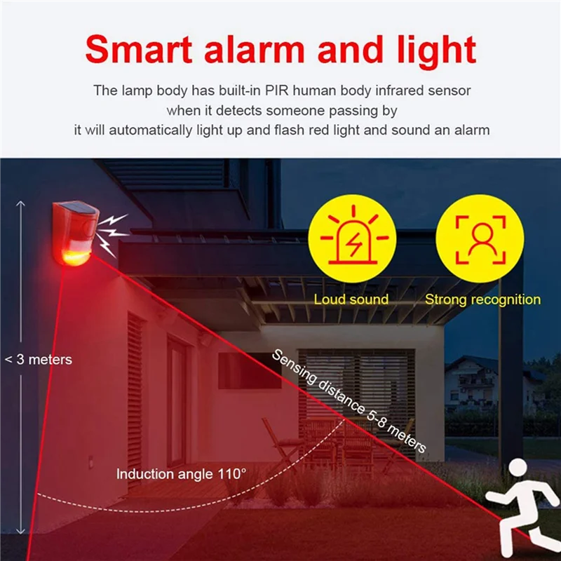 

9 упаковок солнечного стробоскопа с датчиком движения, сигнализация, 129 дБ, звуковая охранная сирена, IP65, водонепроницаемая для виллы, фермы, двора, сада-PZZW