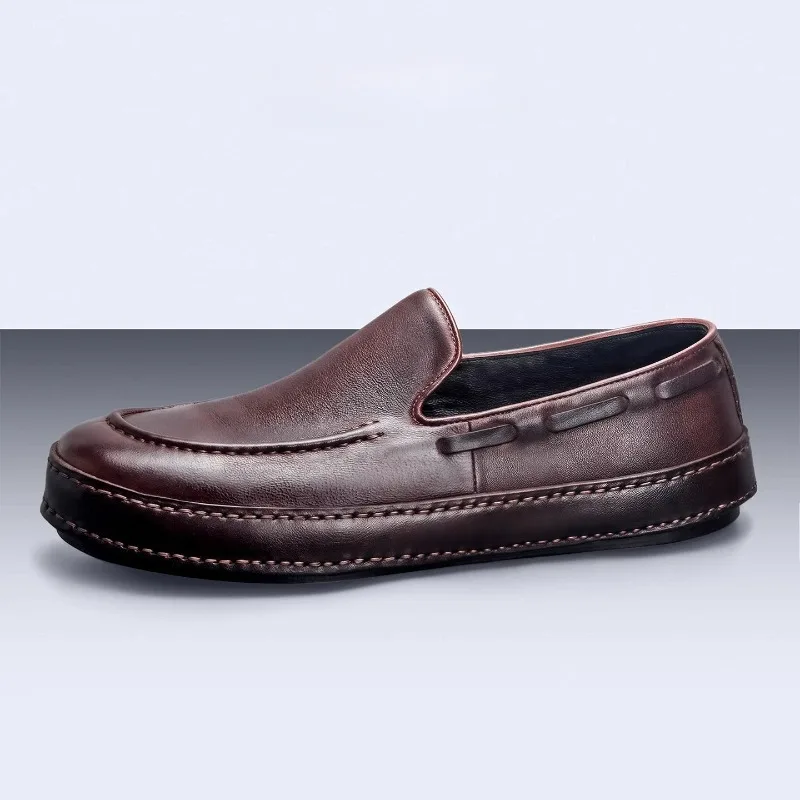 High Quality Flat Work Walking Casual Shoes Men Loafers Slip on Genuine Leather Retro Handmade Leather Shoes Male Spring Summer