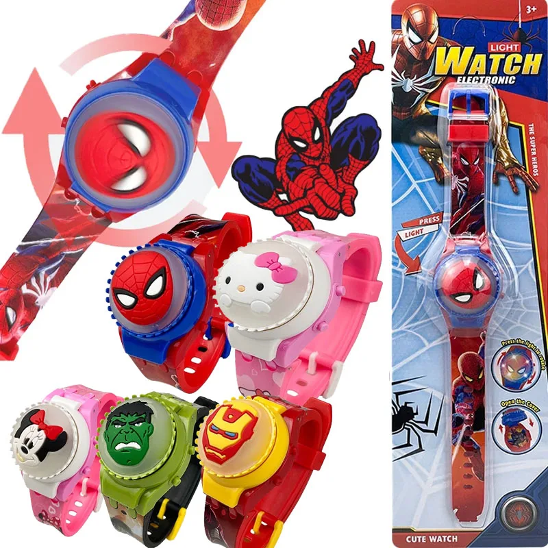 New Spiderman Kids Watches For Boys Cartoon Hello Kitty Stitch Children Rotate Watch with Flash Light Sanrio Girls Toys Clock