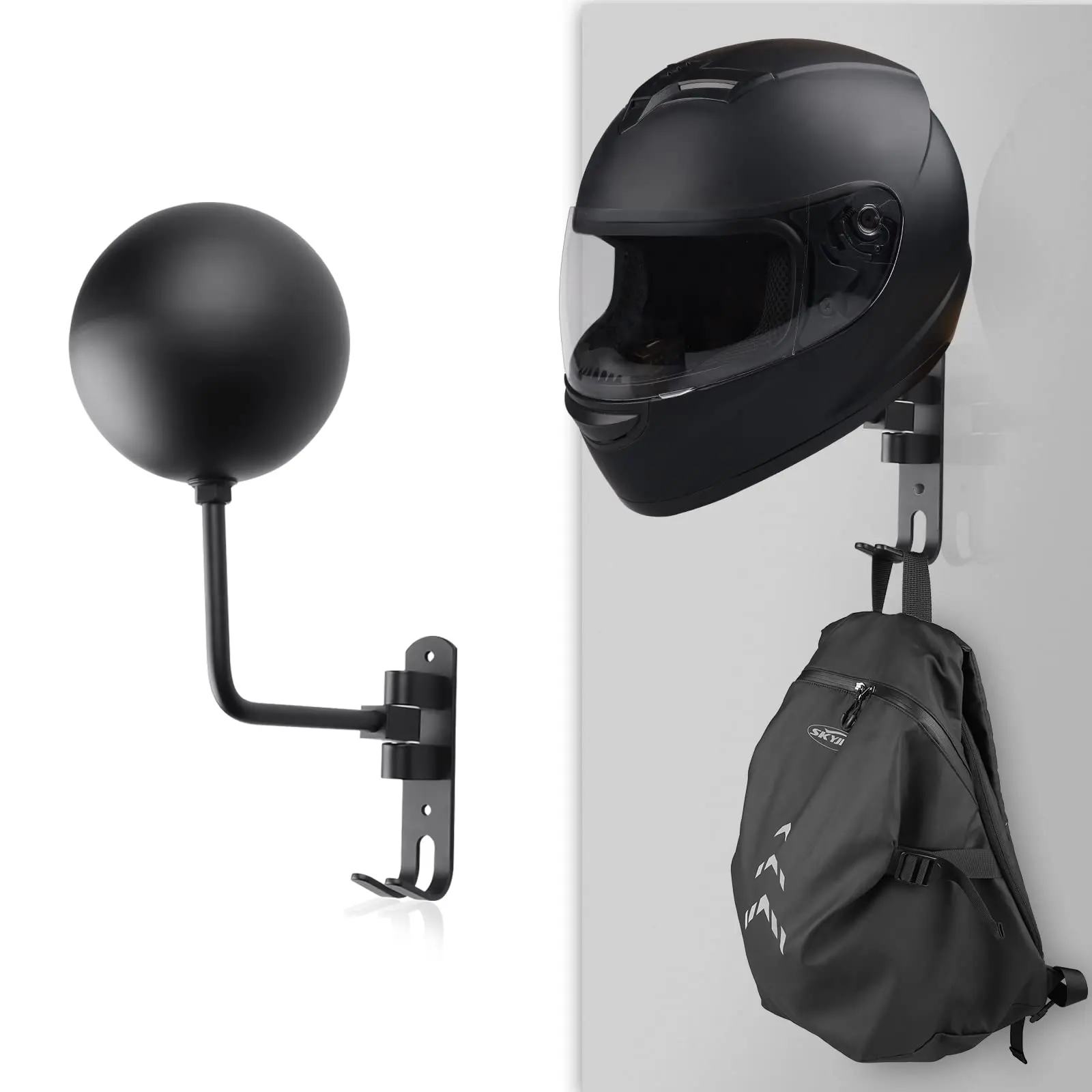 

Motorcycle Helmet Holder Wall Mount Helmet Stand Supports 180° Rotation Metal Helmet Racks with 2 Hooks for Motorcycle Helmet