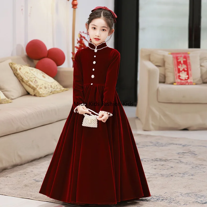 Flower Girl Red Long Sleeve Dress for Wedding Piano Performance Winter Evening Party 100-160cm