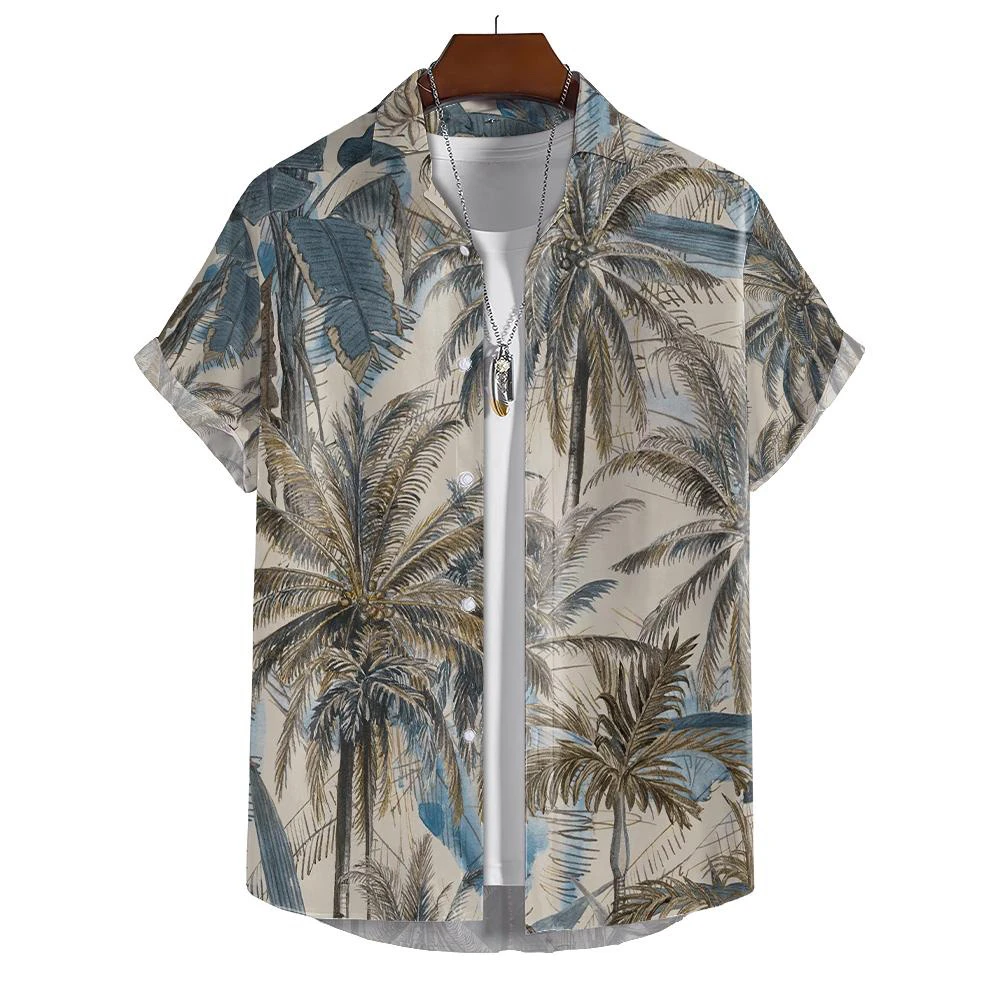 Plant Printed Hawaiian Shirt Men's Summer Beach Short Sleeved Shirt Ethnic Style Men's Button Shirt Leisure Vacation Clothing