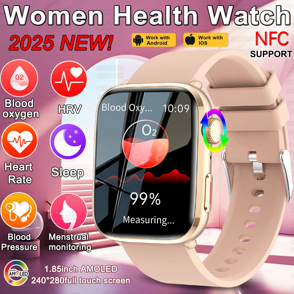 

2025 Новые Смарт-часы AI Diagnosis NFC для женщин 1,85 дюйма AMOLED Артериальное давление Сердечный ритм Кислород в крови BT вызов Смарт-часы для iOS