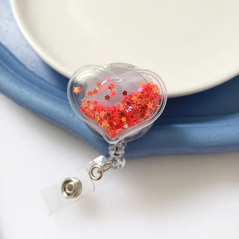Beautiful Heart-shaped Card Holder Colorful Star Sequin 65cm Retractable Cord Woman's Work Permit Holder