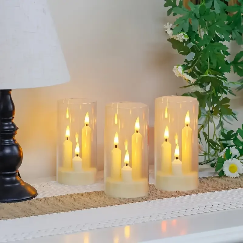 3in1 Flameless Taper Short Candles with Acrylic Lampshade Battery Operated LED Pillar Flickering Candles for Wedding Halloween