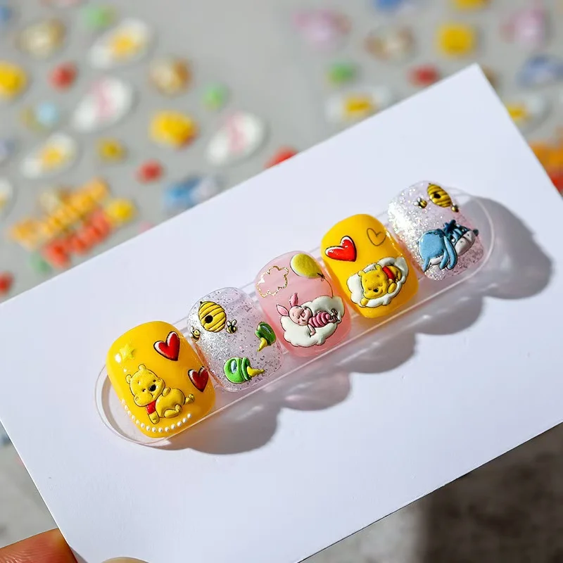 1PCS 5D Relief New Disney Cartoon Winnie The Pooh Nail Stickers Press On Nails Anime Stickers Sliders For Nails Nail Decoration