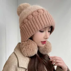 Cute woolen ball hat for women in winter with plush insulation ear protection cycling cold and windproof woolen hat