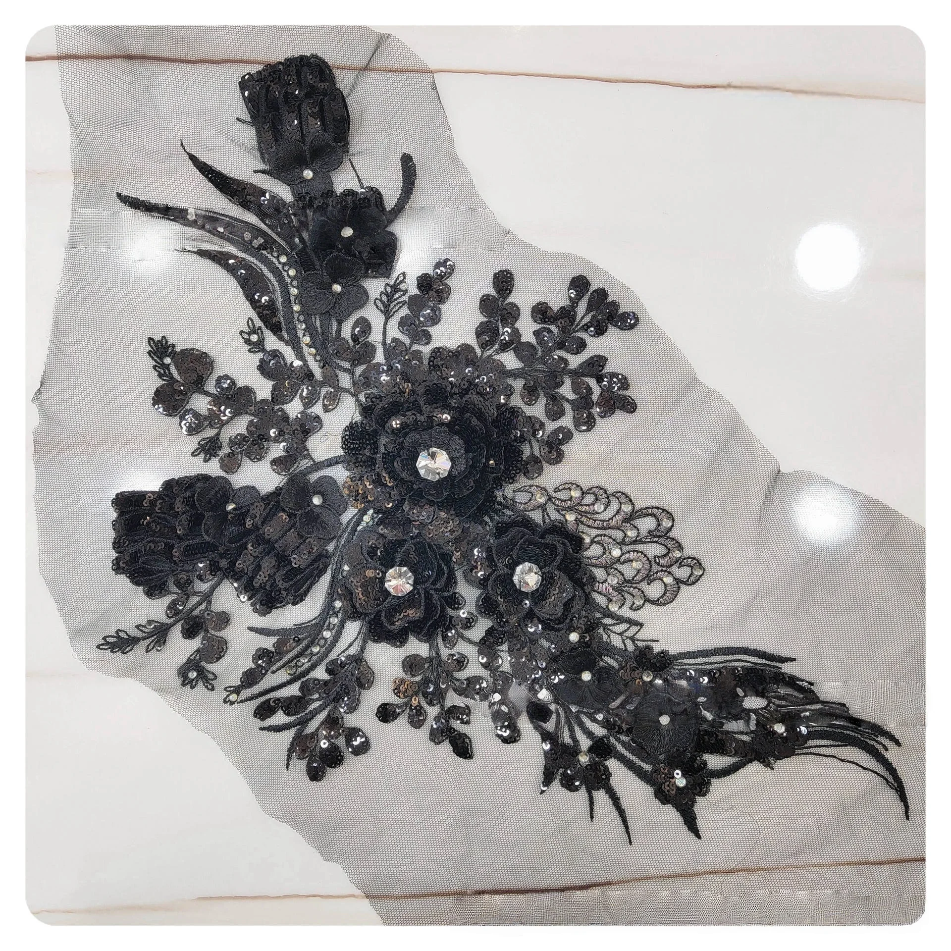 

Sewn Rhinestones Embroidered Lace Trim Material 3D Scatter Floral Appliqued for Dresses Sparkle Lace Fabric Patch Bridal