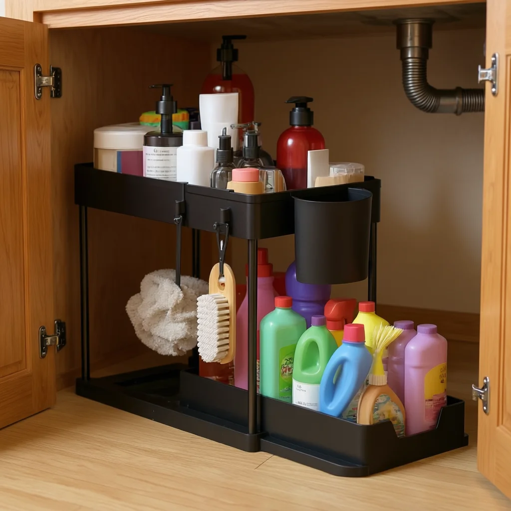 2-Tier Sliding Under-Sink Organizer with Hooks product image