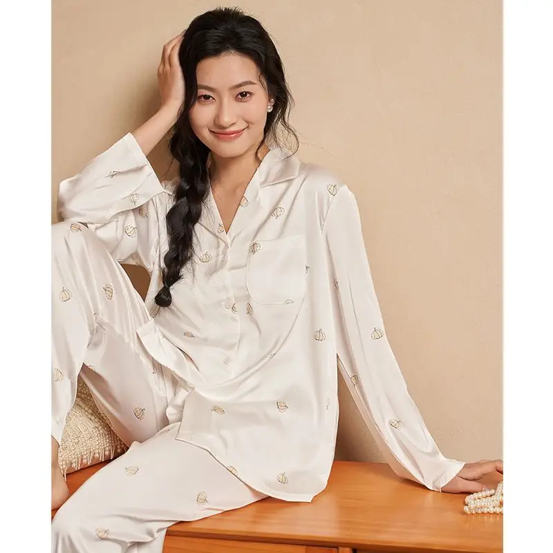 New Ladies Faux Silk Polyester Cute Pumpkin Pajama Sets Comfort Satin Homewear Women Casual Luxury Pyjamas Female Sleepwear