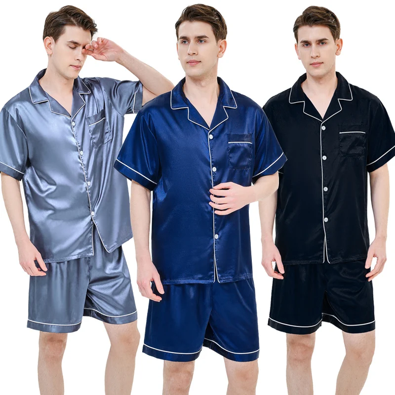 Multiple colors available for ice silk pajamas men\'s short sleeved shorts, thin summer solid color sleepwear home suit