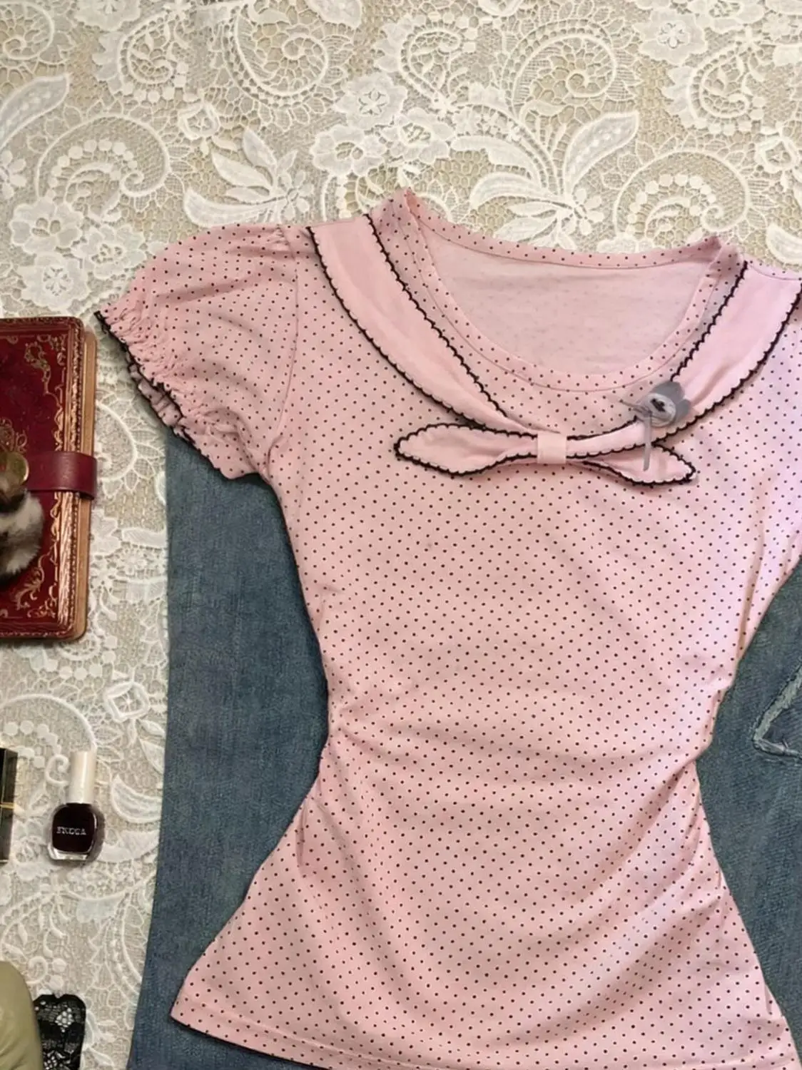 American style pure erotic millennium vintage sweet cool light pastel pink polka dot small bow tie printed round neck T-shirt