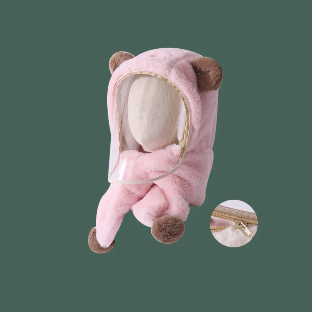 

Plush Cartoon Bear Warm Neck Ear Cap Thicken Ear Protection Windproof Hat Soft with Removable Mask One-Piece Faux Fur Kids Hats