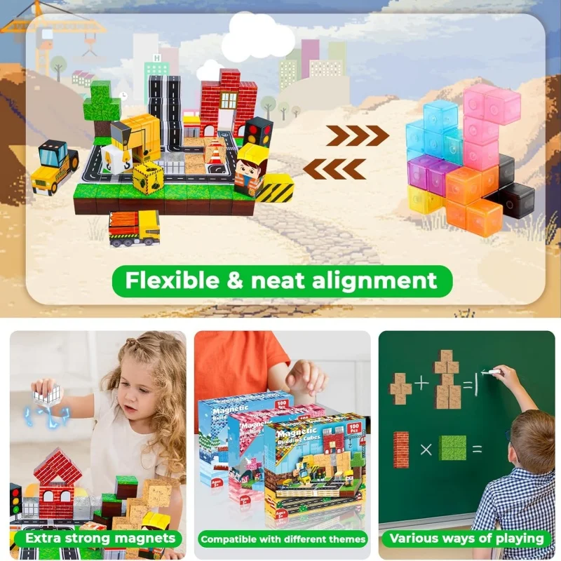 Kids Mini Magnetic Building Blocks Set with Road And Car STEM Educational Toys Boy Girls Christmas  Sensory Travel Gifts