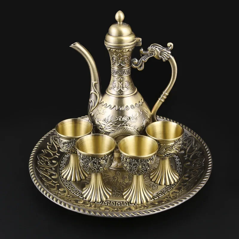 

New Chinese liquor wine set home creative bronze dragon phoenix vintage high-grade wine pot wine glass gift decoration